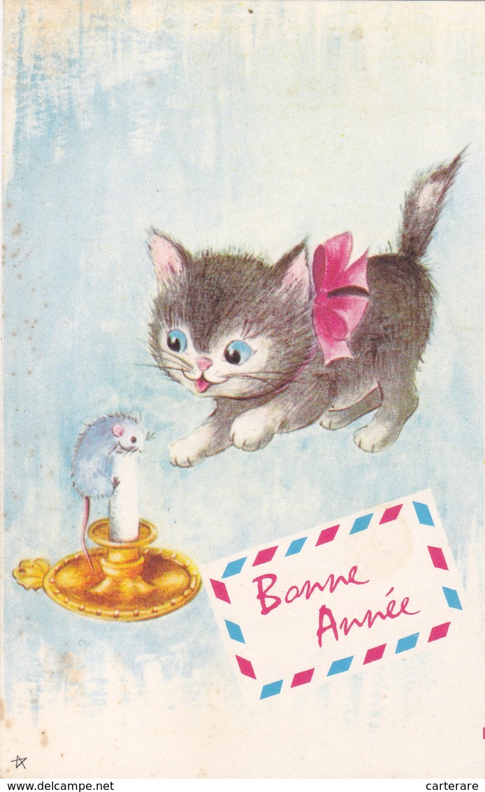 CARTE DE BONNE ANNEE,CHAT,JOUEUR,CAT,SOU RIS CASCADEUR,BOUGIE,CHATON - Chats