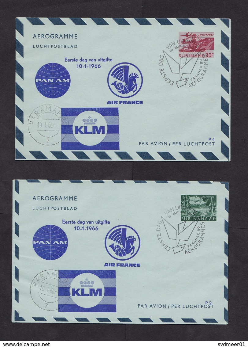 Suriname: 2x Stationery Aerogramme, 1966, Imprint PanAm, Air France, KLM, First Day Cancel (traces Of Use) - Suriname