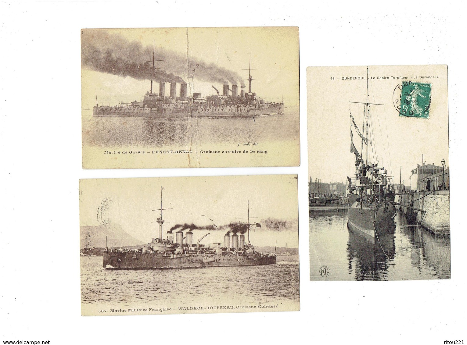 Lot 3 Cpa - Bateau - Marine De Guerre - Marine Militaire WALDECK-ROUSSEAU Croiseur Cuirassé ERNESST RENAN DURANDAL - Warships