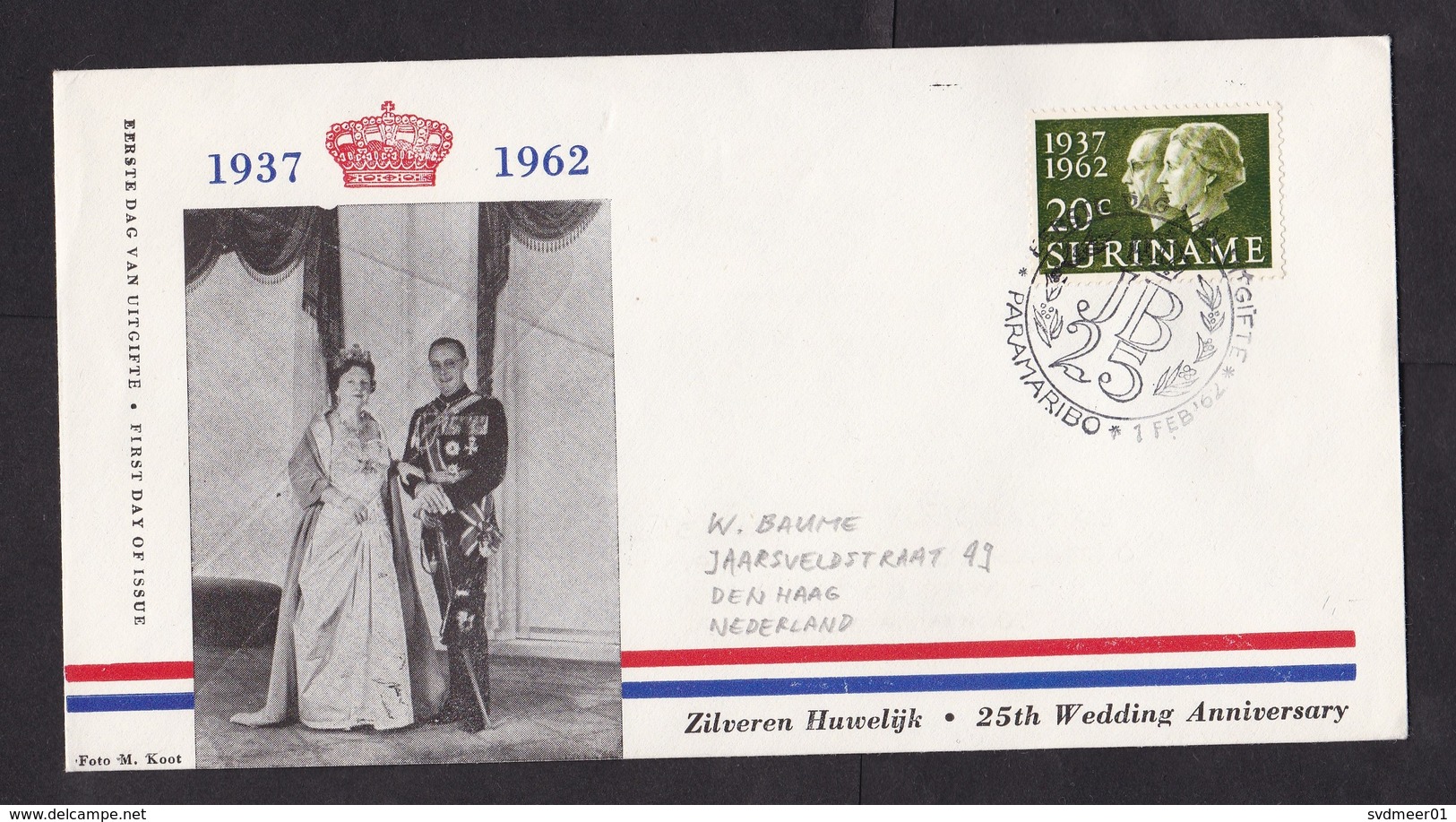 Suriname: FDC First Day Cover To Netherlands, 1962, 1 Stamp, Royal Wedding Anniversary, Royalty (traces Of Use) - Suriname