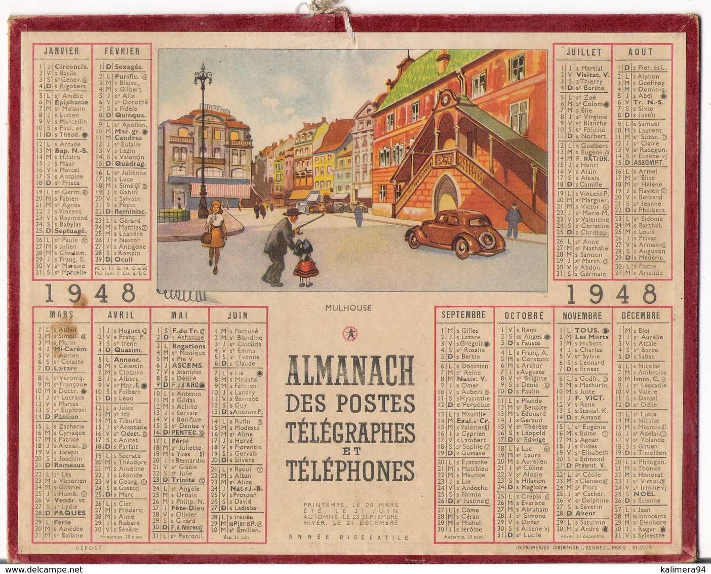 ALMANACH DES POSTES ET DES TELEGRAPHES / CALENDRIER DE 1948 / MULHOUSE / Département SEINE + PLAN DE METRO - Grand Format : 1941-60