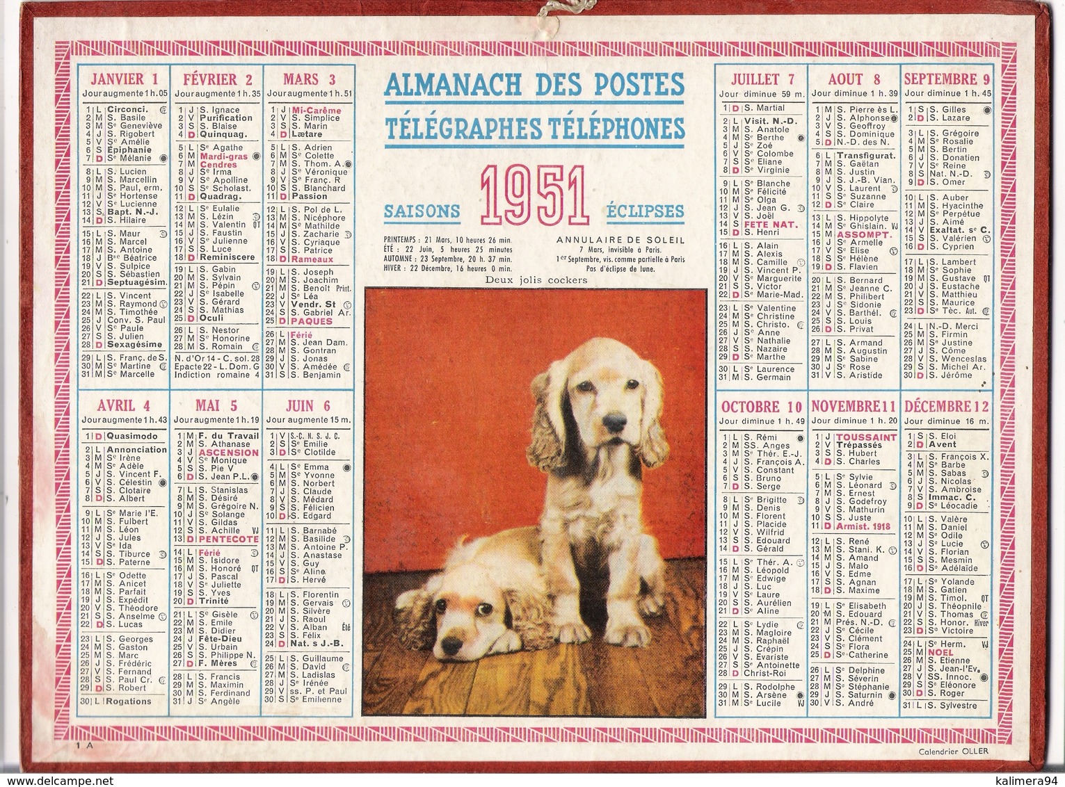 ALMANACH DES POSTES ET DES TELEGRAPHES / CALENDRIER DE 1952 / AMERICAINE + 3 PERROQUETS / Liste Bureaux De POSTE à PARIS - Grossformat : 1941-60