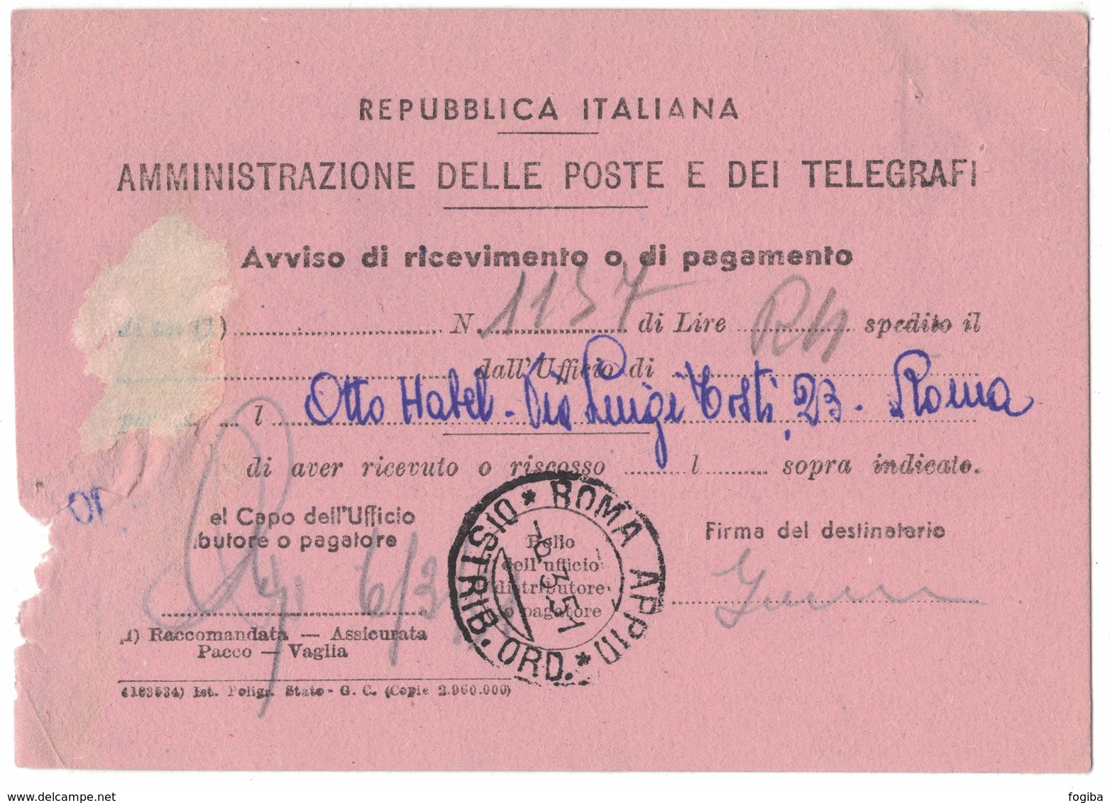 QS98   ROMA 06.3.1951 / Città - Avviso Di Ricevimento - Italia Al Lavoro Lire 20 Isolato - 1946-60: Storia Postale