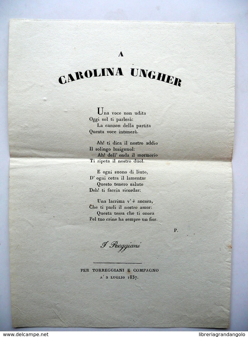 Foglio Volante A Carolina Ungher Torreggiani Reggio 1837 Contralto Opera Lirica - Non Classificati