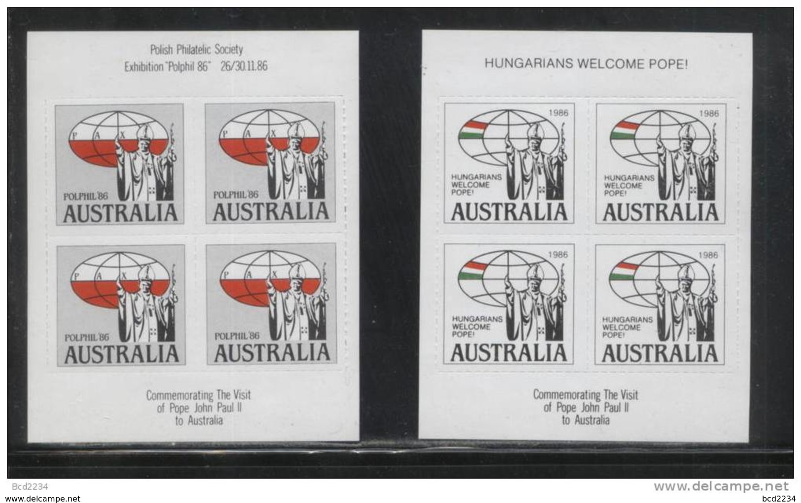 POLONICA POLPHIL 86 1986 POPE JOHN PAUL VISIT TO AUSTRALIA 6 MS LABELS POLAND HUNGARY ITALY SLOVAKIA WELCOME - Hojas, Bloques & Múltiples