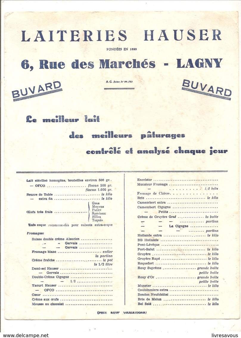 Buvard LAITERIES HAUSER 6, Rue Des Marchés LAGNY Le Meilleur Lait Des Meilleurs Pâturages - Produits Laitiers