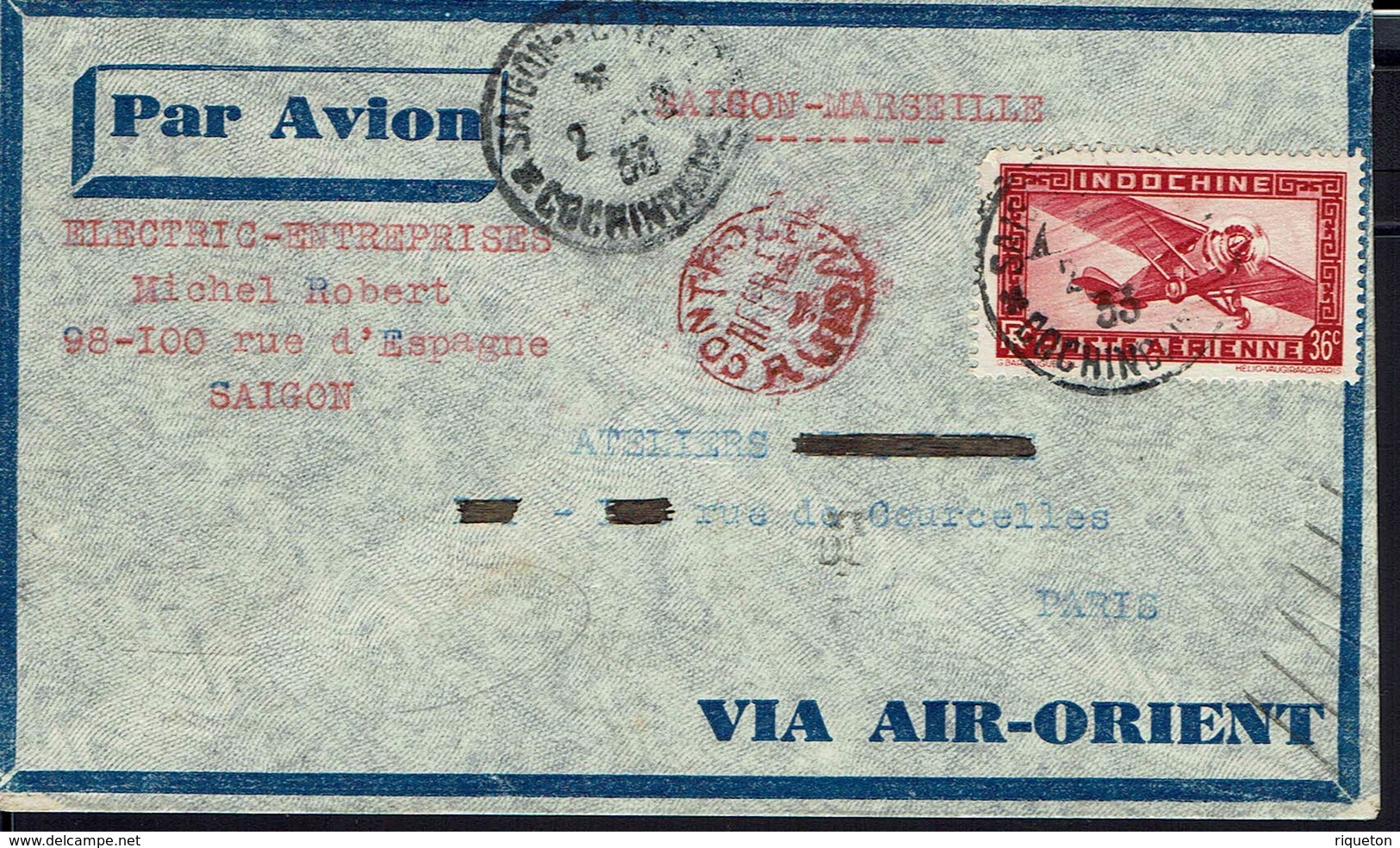INDOCHINE - 1933 - Vol Saigon-Marseille - Affr.à 36 Ct Sur Enveloppe Pour Paris - Cachet Rouge Contrôle Des Affr.Avion - - Poste Aérienne