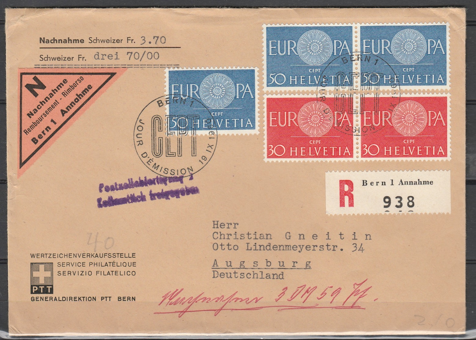 SWITZERLAND 1960 ISSUE F.D.C. EUROPA WITH EXTRA FRANKING. - Lettres & Documents