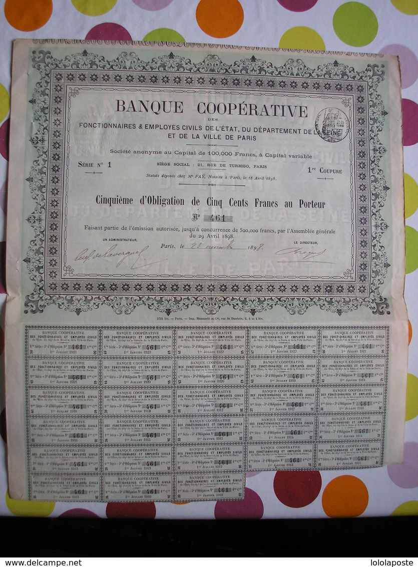 Cinquième D'obligation De 500 Francs Au Porteur De La Banque Coopérative De Paris - 23 Novembre 1898 - Peu Commun - Banque & Assurance