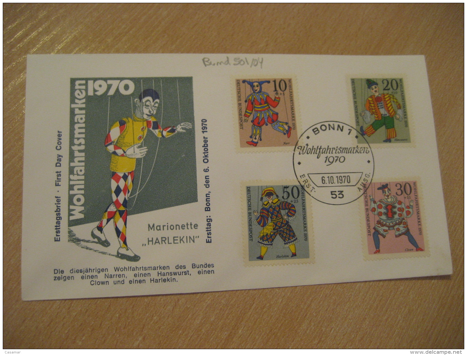 Harlekin Clown Yvert 501/4 BONN 1970 FDC Cancel Cover GERMANY Puppet Puppets Marionette Marionettes - Marionnetten