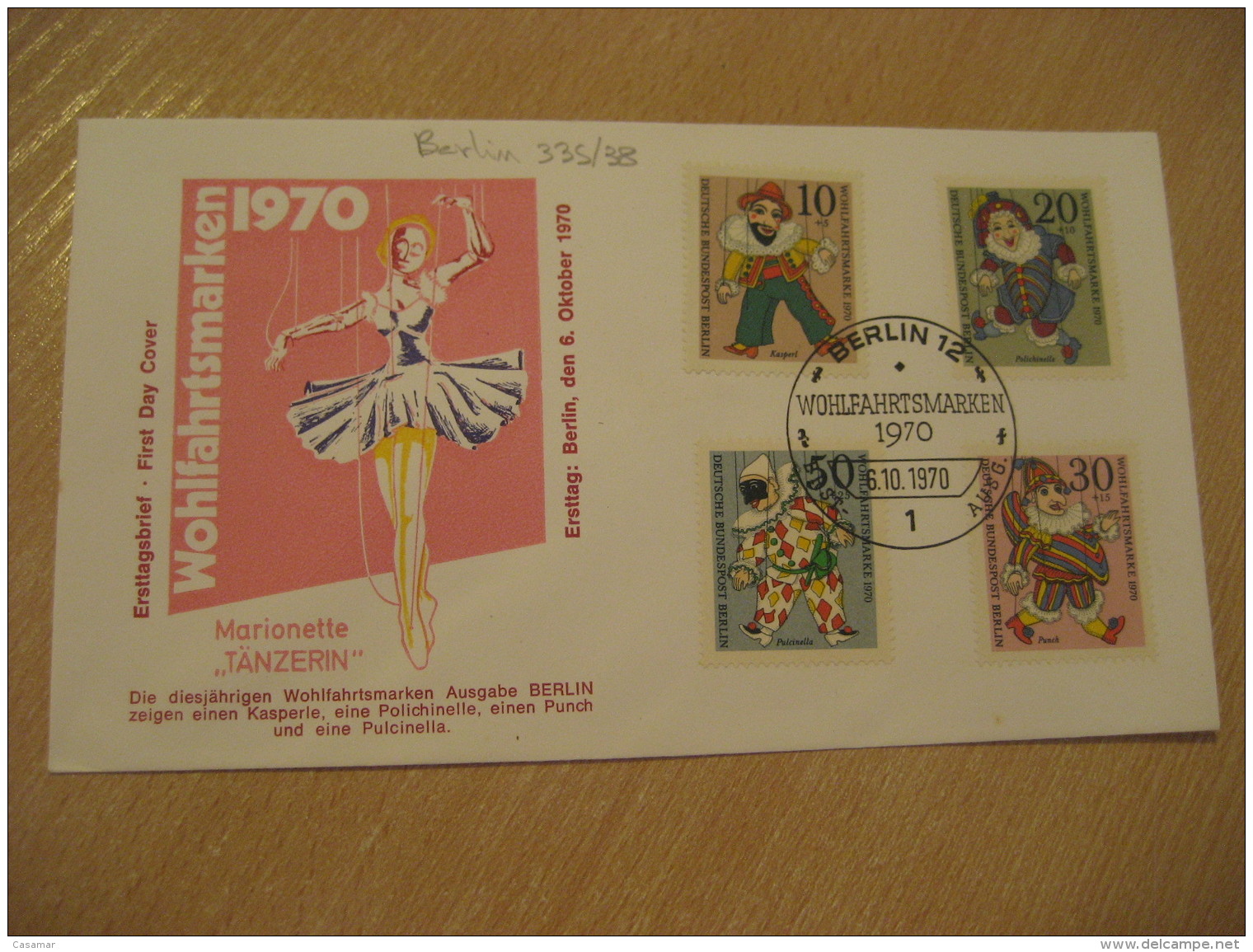 Polichinelle Pulcinella Punch Yvert 335/8 BERLIN 1970 FDC Cancel Cover GERMANY Puppet Puppets Marionette Marionettes - Marionnetten