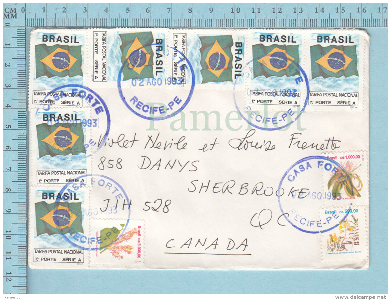 Brasil - 10 Stamps, Cover Casa Forte 1993 Recife-Pe Send To Sherbrooke Quebec Canada Canada - Lettres & Documents