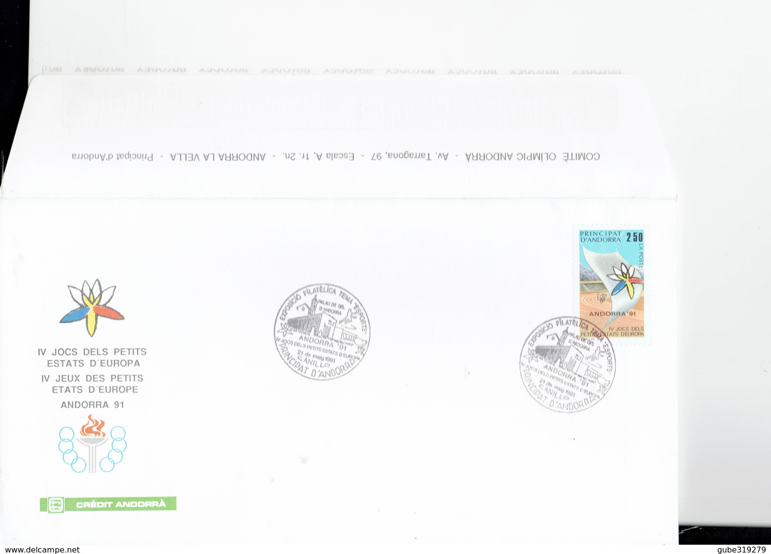 ANDORRA 1991 -RARITY  SPECIAL FDC SUR PAPIER COMITÉ OLIMPIQUE ANDORRA - EXPO PHILATELIQUE THEME "ESPORTS" CANILLO OBL.21 - Brieven En Documenten