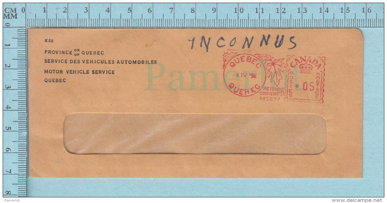 Canada EMA, Meter Stamp, 1956, Provincial Envelope "Service Des Véhicules Automobiles" - Lettres & Documents