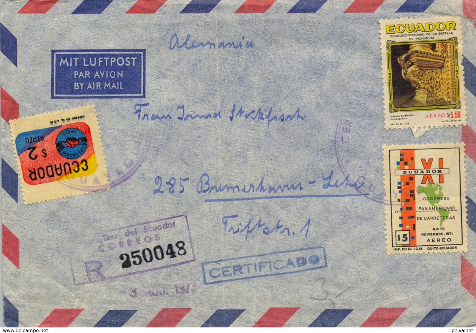 1973 , ECUADOR , CERTIFICADO , GUAYAQUIL - BREMERHAVEN , CORREO AÉREO - Equateur