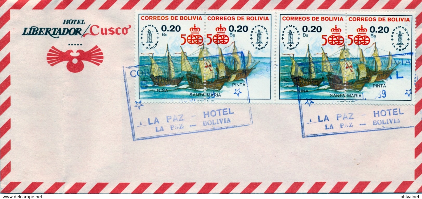 1989 , BOLIVIA , SOBRE CIRCULADO , ESPAMER 87 , CARABELAS DE CRISTOBAL COLÓN , DESCUBRIMIENTOS , BARCOS - Bolivia