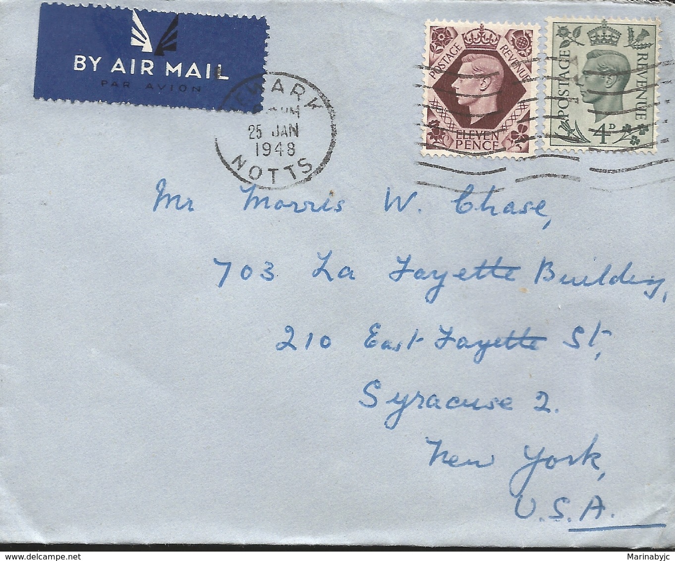 M) 1948,  ENGLAND, BY AIR MAIL, POSTAGE REVENUE, ELEVEN PENCE, CIRCULATED COVER FROM ENGLAND TO USA - Europe (Other)