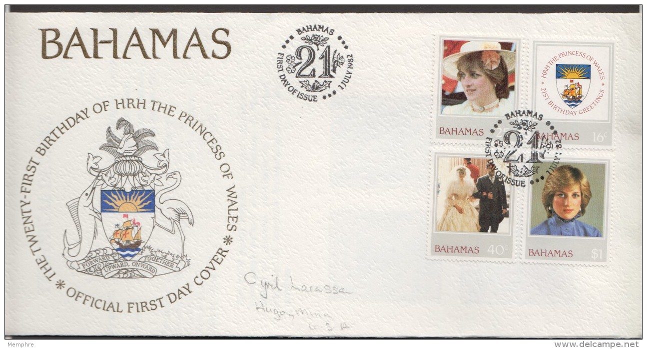 1982  Princess Diana 21st Birthday - Complete Set On Single FDC - Bahama's (1973-...)