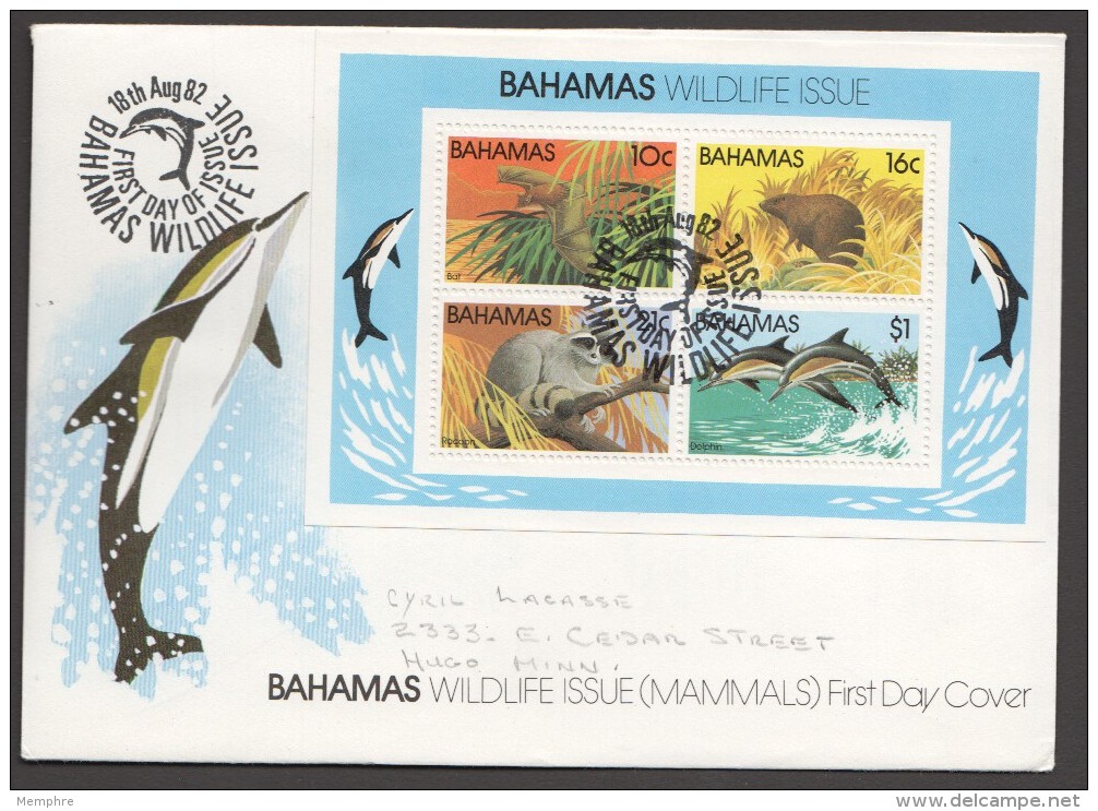 1982  Wildlife Issue:  Bat, Hutia, Racoon, Dolphins  - Souvenir Sheet On FDC - Bahamas (1973-...)