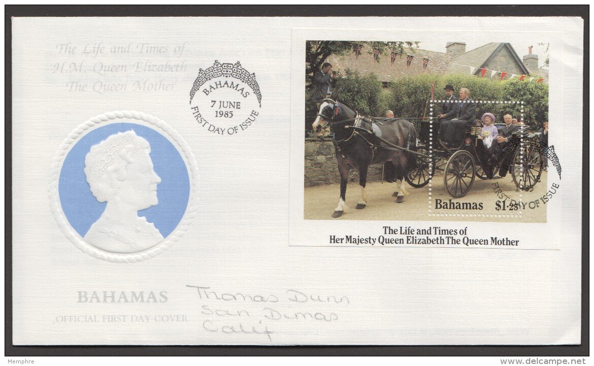 1984 Queen Mother 85th Birthday  -   Souvenir Sheet On FDC - Bahamas (1973-...)