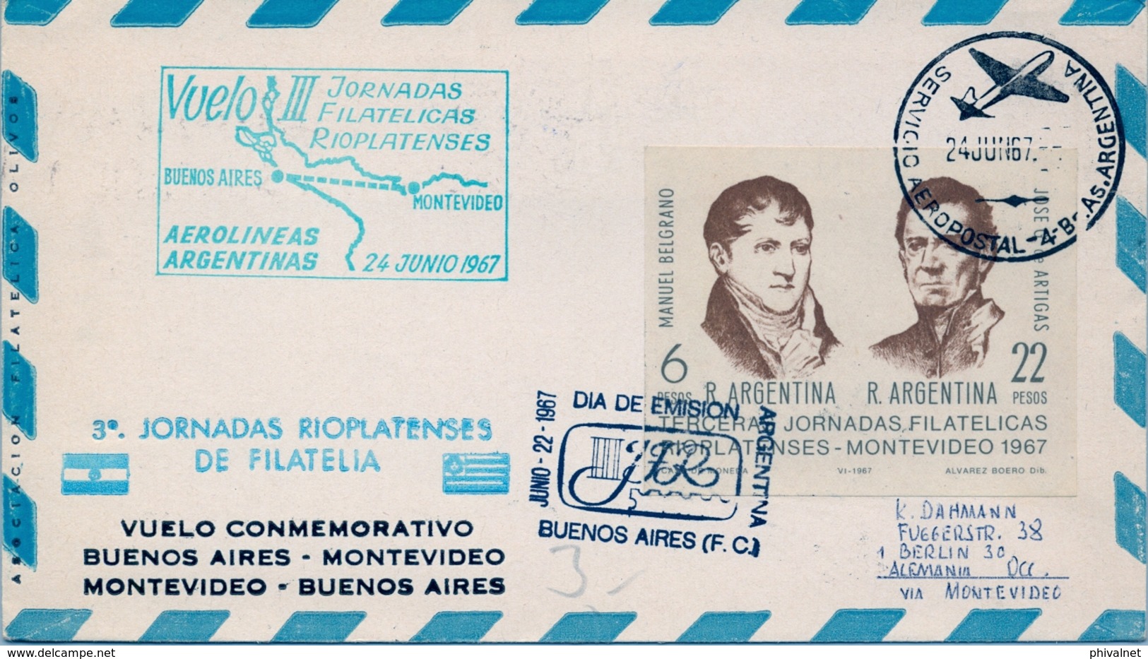 1967 , ARGENTINA , VUELO CONMEMORATIVO BUENOS AIRES - MONTEVIDEO , MONTEVIDEO - BUENOS AIRES - Cartas & Documentos