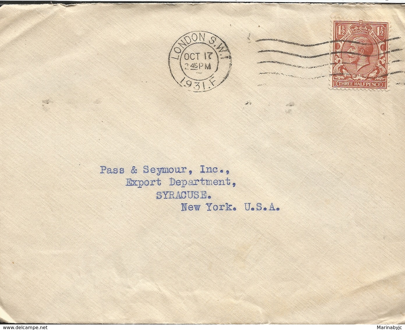 M) 1931, ENGLAND, THEREE HALFPENCE, CIRCULATED COVER FROM ENGLAND TO USA. - Europe (Other)