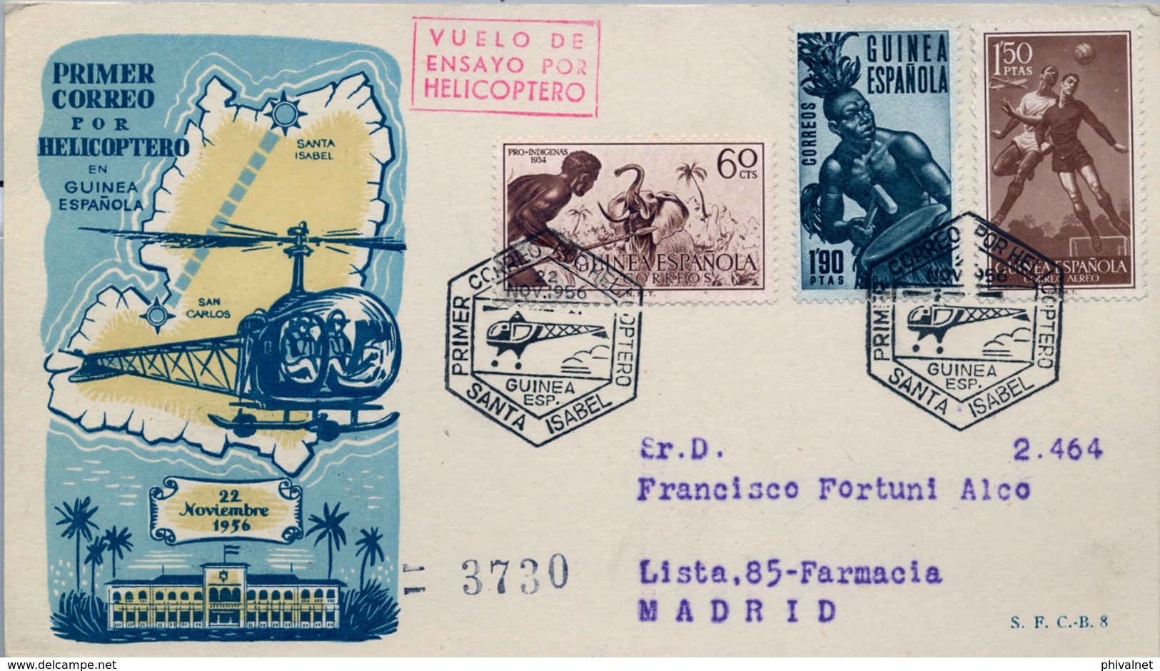 1956 , GUINEA ESPAÑOLA , PRIMER CORREO POR HELICÓPTERO EN GUINEA SANTA ISABEL - SAN CARLOS - Guinea Española