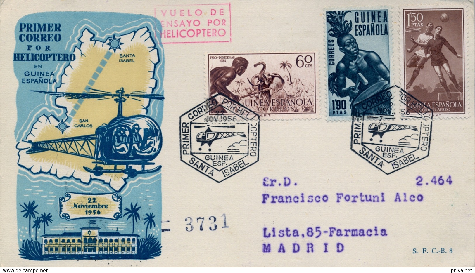 1956 , GUINEA ESPAÑOLA , PRIMER CORREO POR HELICÓPTERO EN GUINEA SANTA ISABEL - SAN CARLOS - Guinea Española