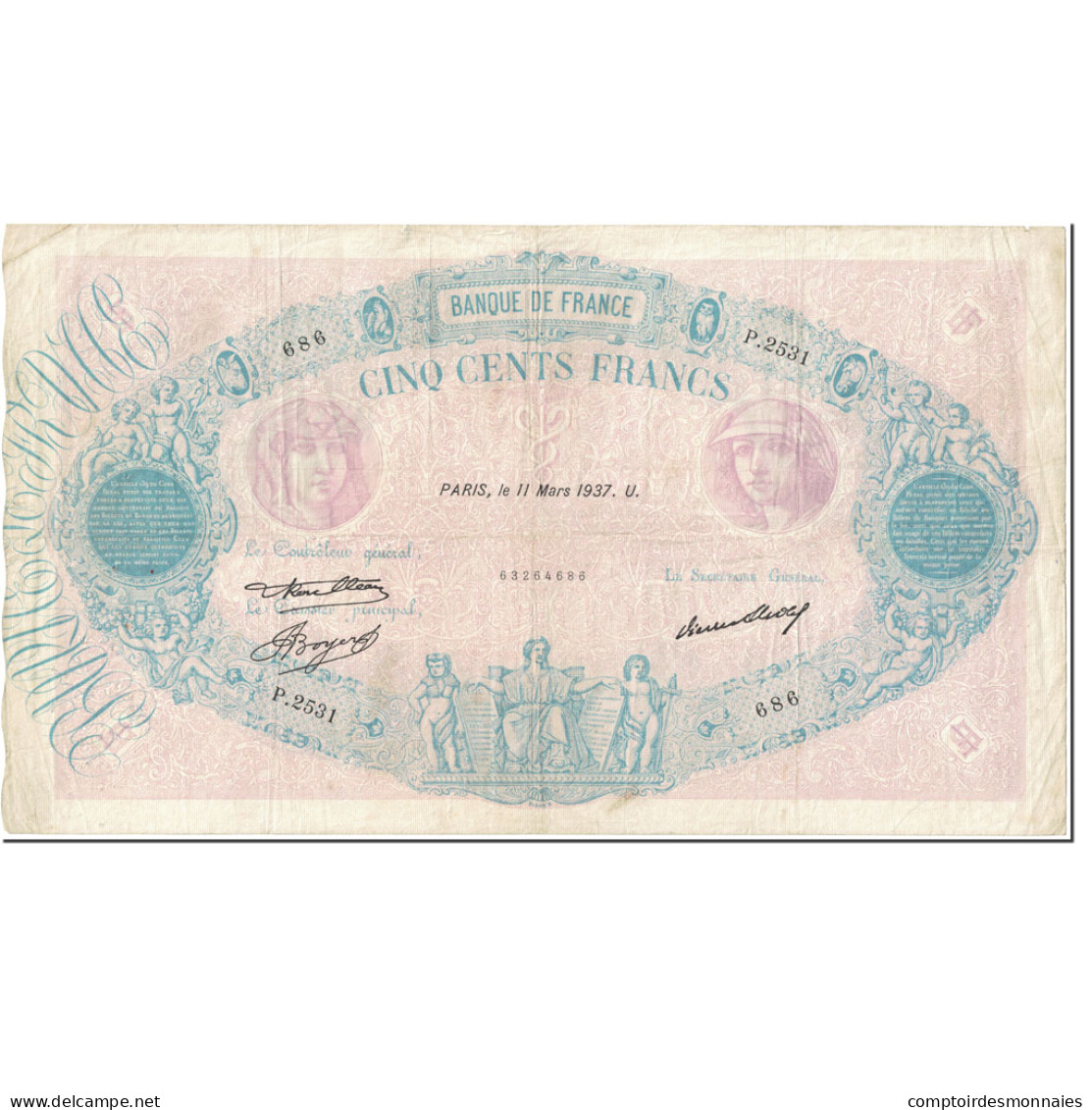 France, 500 Francs, 500 F 1888-1940 ''Bleu Et Rose'', 1937, 1937-03-11, TB+ - 500 F 1888-1940 ''Bleu Et Rose''