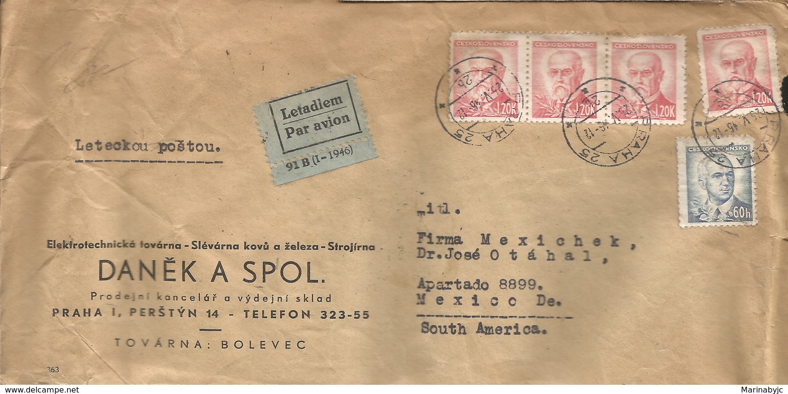 M) 1946, CZECHOSLOVAKIA, AIR MAIL, TREE STAMPS OF (1,20 K), ONE OF (60H) CIRCULATED COVER FROM CZECHOSLOVAKIA TO MEXICO. - Other & Unclassified