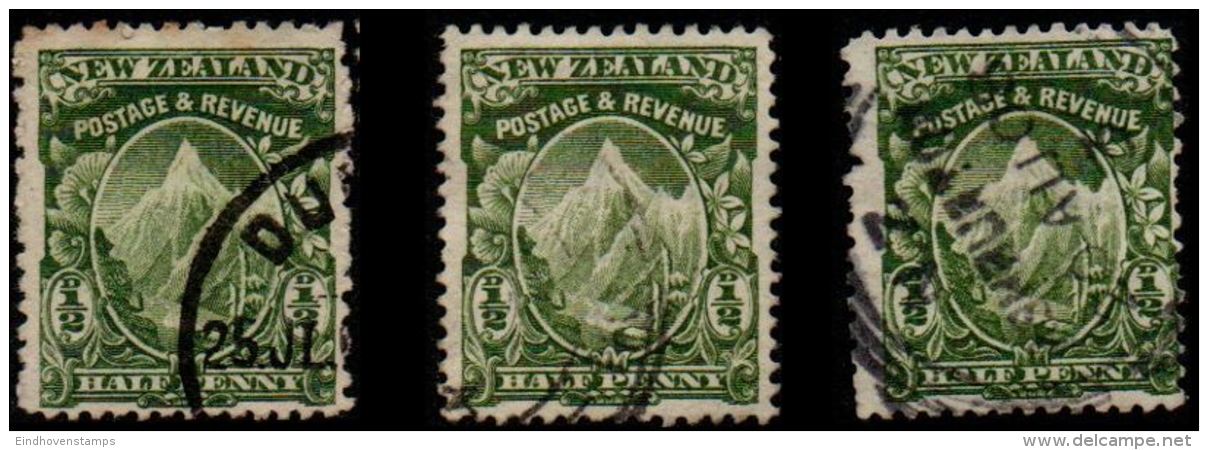 New Zealand 1902 &frac12;d Mount Cook  - Aorangi Watermark Single Star Perf 14, 14*13 And 14*15  - 3 Values Cancelled - Used Stamps