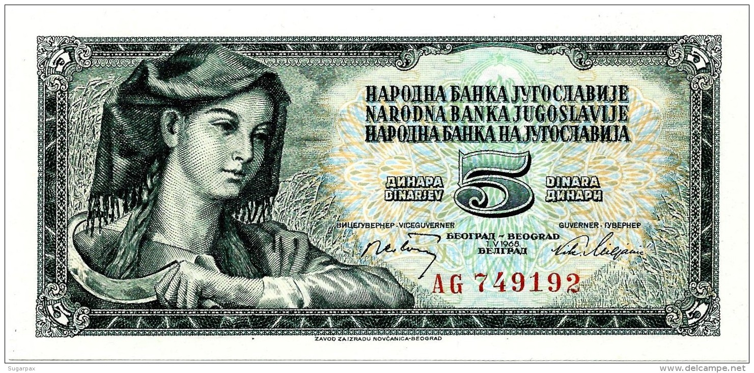 YUGOSLAVIA - 5 Dinara - 01/05/1968 - P 81.a - Sign. 7  - Unc. - Serie AG - Yugoslavia