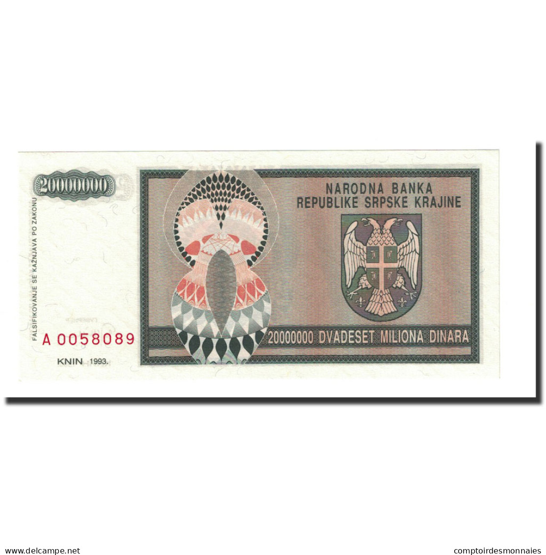 Billet, Croatie, 20 Million Dinara, 1993, KM:R13a, NEUF - Croatie