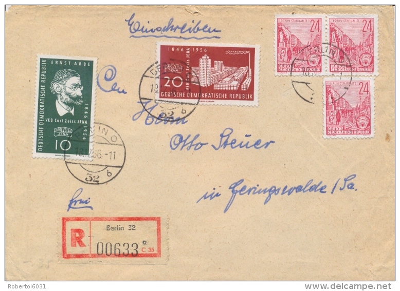 Germany DDR 1956 Registered Cover From Berlin With Carl Zeiss Jena Optical Works + 3 X 24 Pf. Stalin Allee - Fabbriche E Imprese