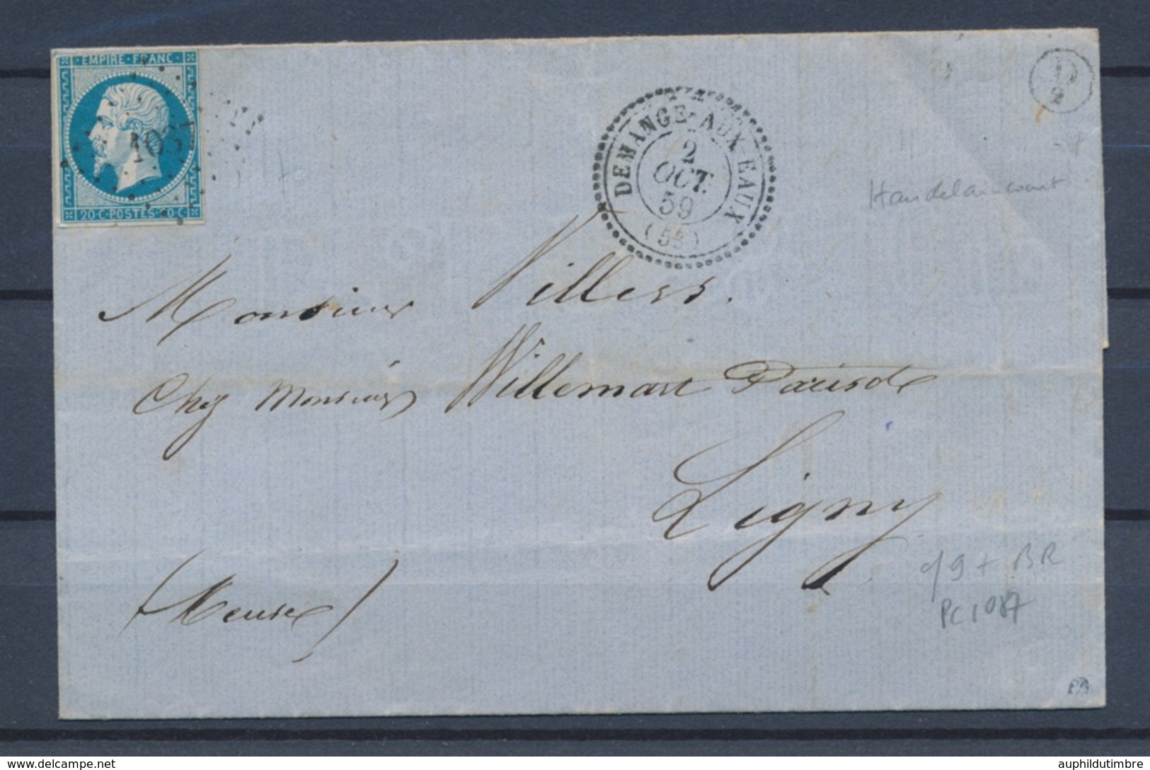 1859 Lettre N°14 Obl PC1037 DEMANGE-AUX-EAUX T22 Perlé + BR D2 MEUSE (53) P4444 - 1849-1876: Klassik