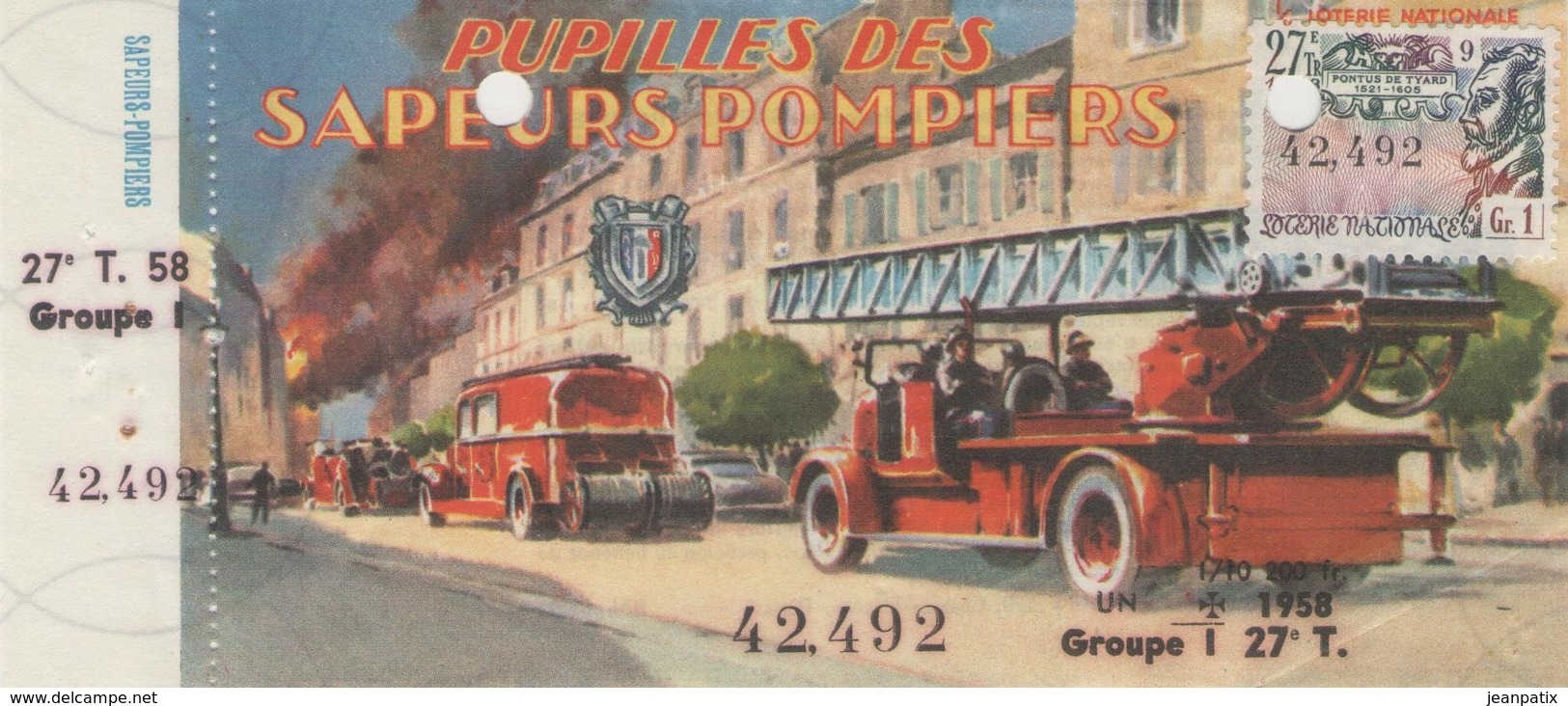 Billet De Loterie Nationale, Pupilles Des Sapeurs Pompiers , 1958, (timbre 1958, 27ème Tranche) - Billetes De Lotería
