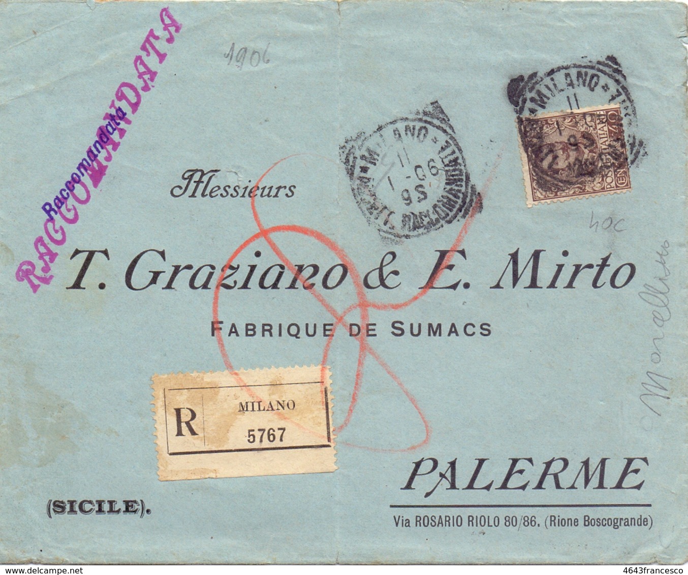 1906 Raccomandata Da Milano Per Palermo Con Floreale 40 Cent 021 - Storia Postale