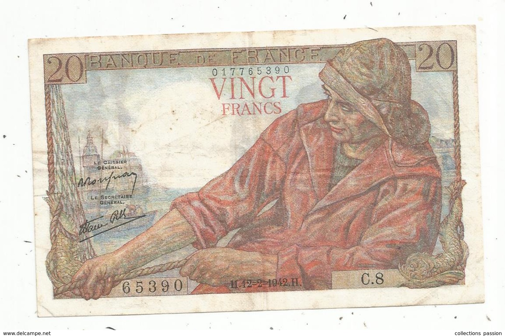 Billet , Vingt Francs , 20 , PÊCHEUR , 12-2-1942 ,   2 Scans - 20 F 1942-1950 ''Pêcheur''