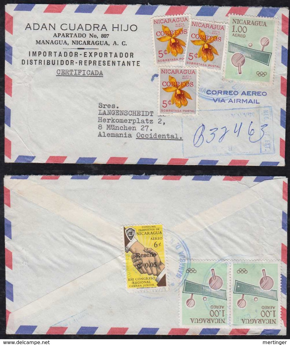 Nicaragua 1964 Registered Airmail Cover MANAGUA To BERLIN Germany Table Tennis Stamp - Nicaragua