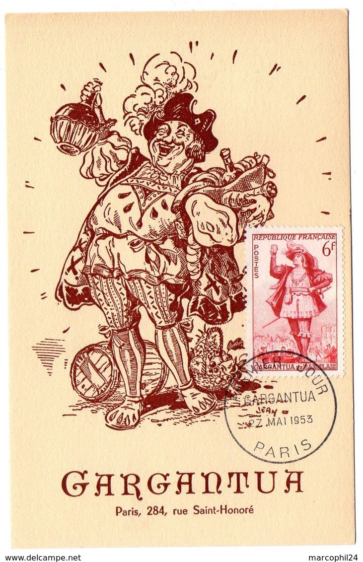 CARTE MAXIMUM FRANCE 1953 / PARIS  = CACHET FDC PREMIER JOUR N° 943 GARGANTUA / RABELAIS Thème VIN - 1950-1959