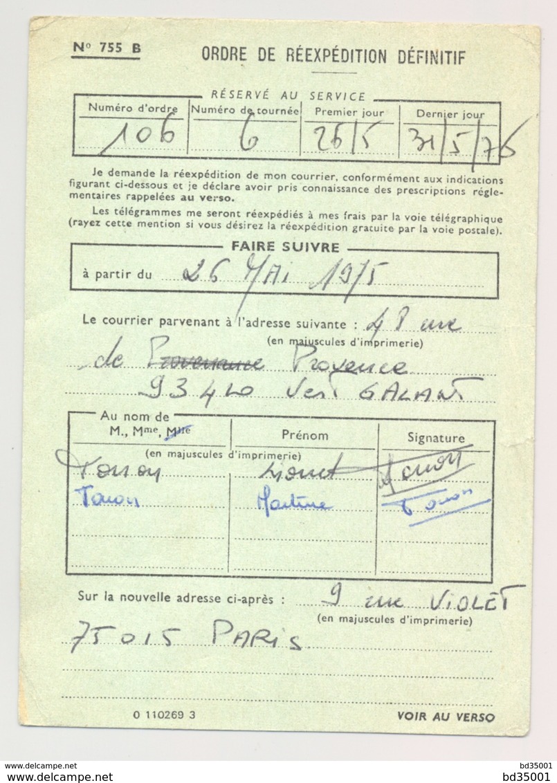 Ordre De Réexpédition Définitif - Cachet Vaujours 24/5/75 - Timbres Arphila 75 Paris - Documents De La Poste