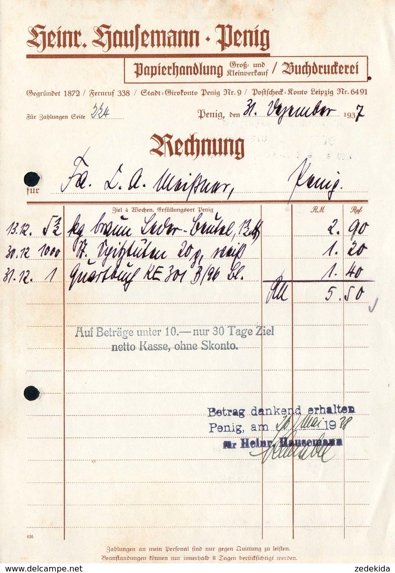 B4572 - Penig - Heinrich Hausemann Papierhandlung Buchdruckerei - Rechnung 1937 - 1900 – 1949