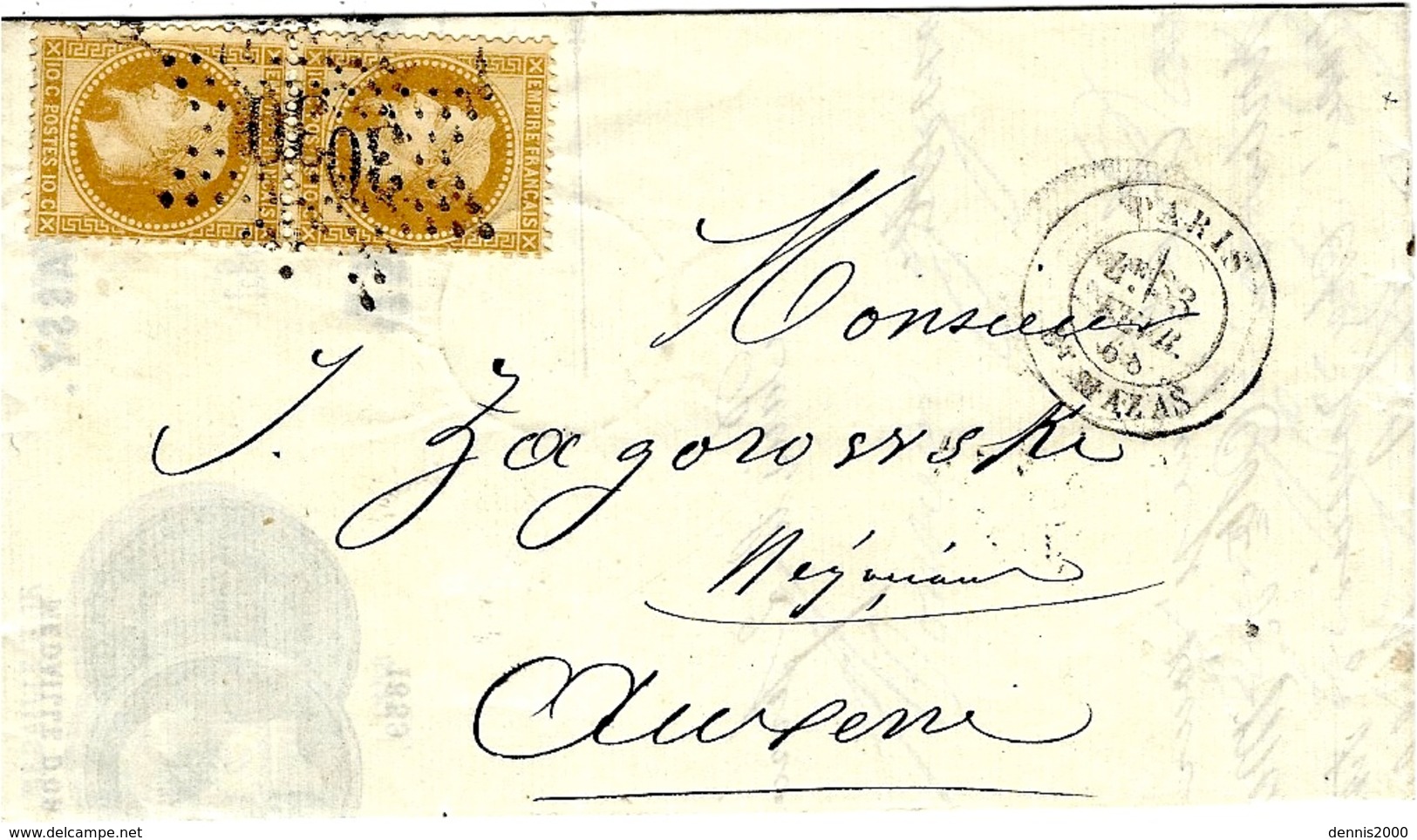 1868- Lettre à En-tête  De Paris Bt Mazas Affr. Paire N°21  Oblit. étoile 30 Pour Auxerre - 1849-1876: Période Classique