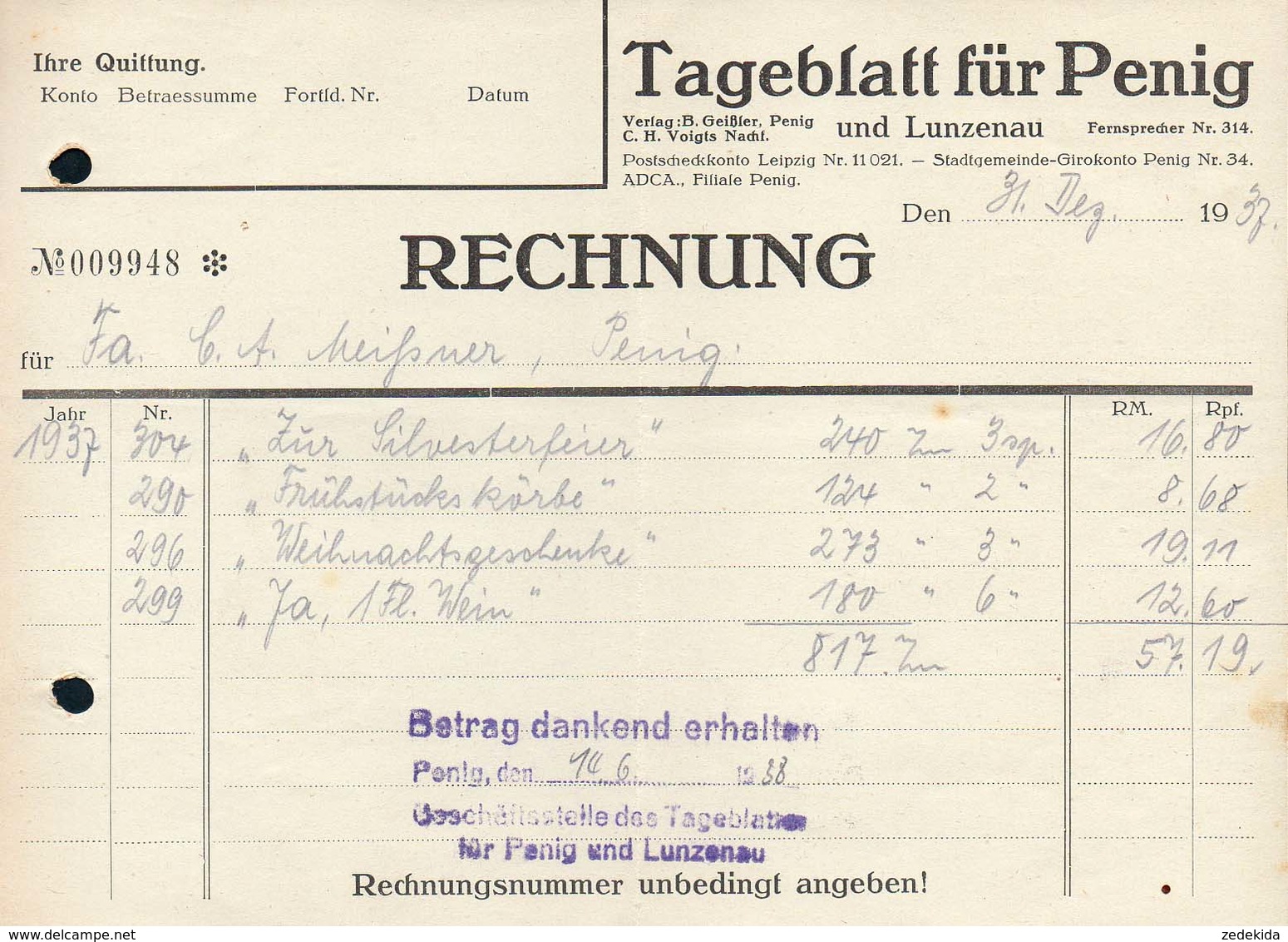 B4574 - Penig - Tageblatt Zeitung - Rechnung 1937 - Verlag Geißler - 1900 – 1949