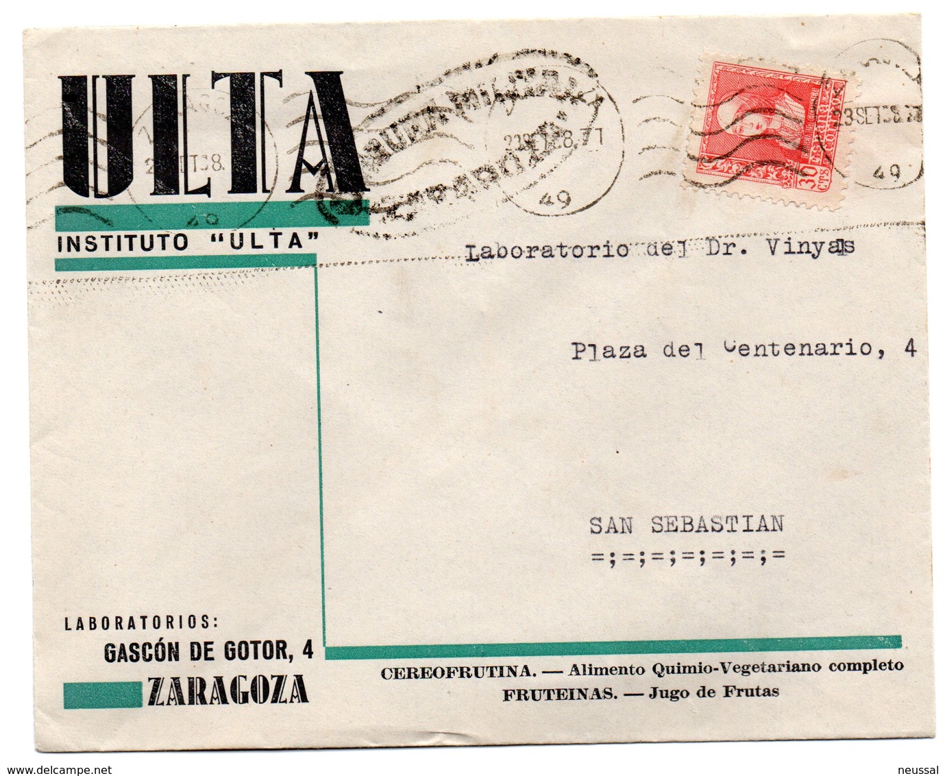 Carta Con Censura Militar De Zaragoza Y Matasellos De 1938 Con Publicidad Instituto Ulta. Laboratorios Zaragoza. - Cartas & Documentos