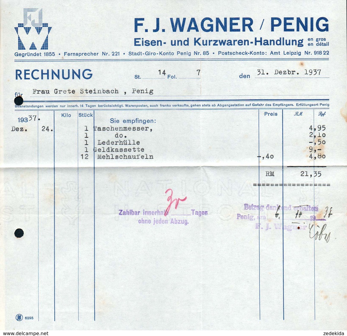 B4576 - Penig - F. J. Wagner - Eisen Und Kurzwaren - Rechnung 1937 - 1900 – 1949