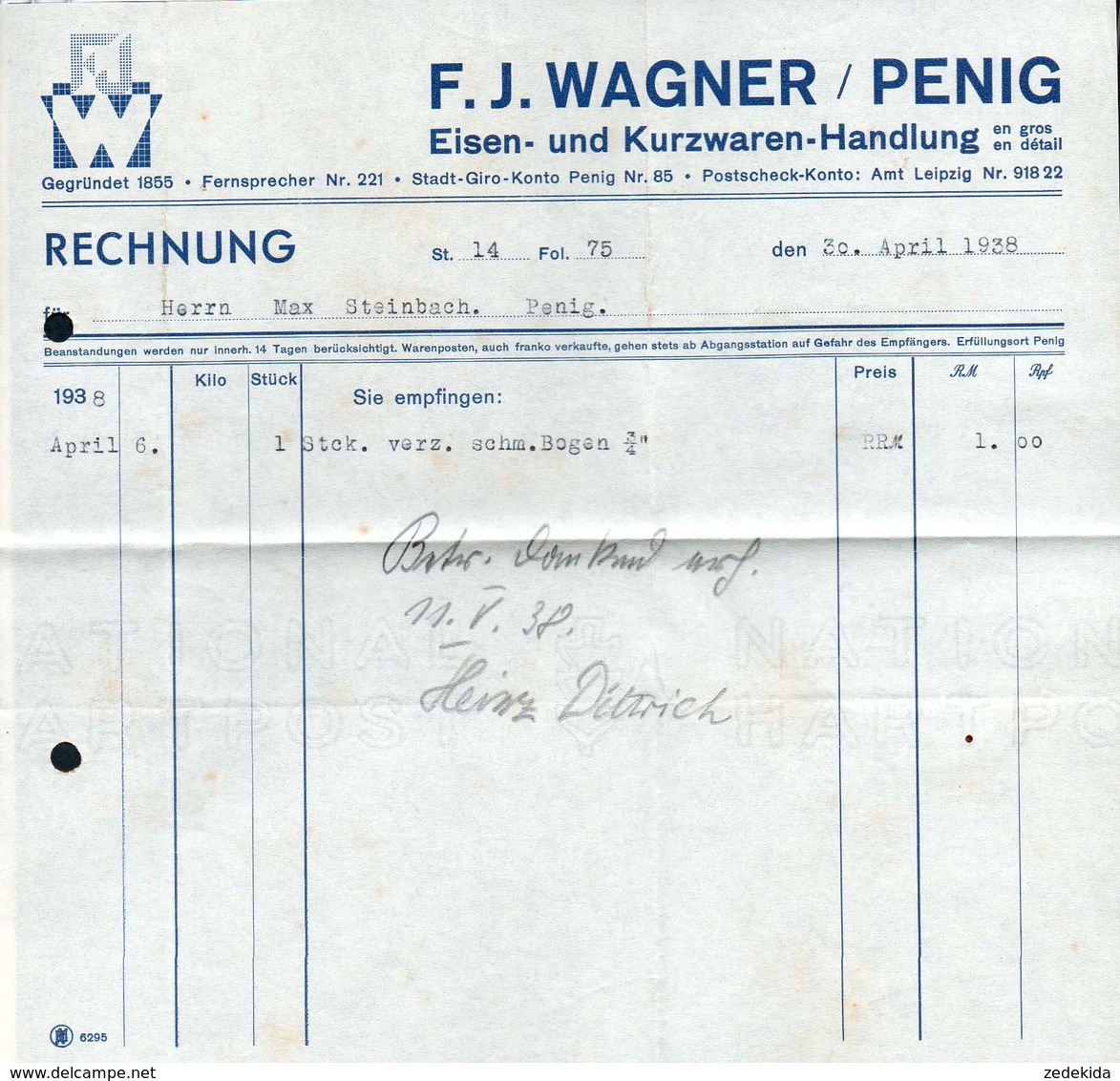 B4577 - Penig - F. J. Wagner - Eisen Und Kurzwaren - Rechnung 1938 - 1900 – 1949