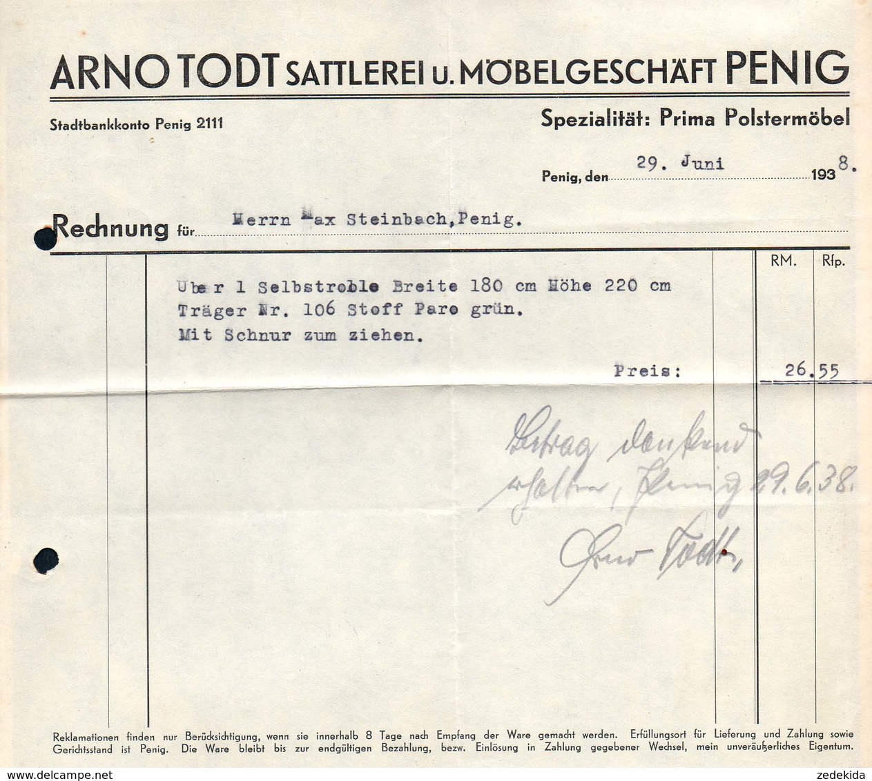 B4580 - Penig - Arno Todt - Sattlerei Möbel Polstermöbel - Rechnung 1938 - 1900 – 1949