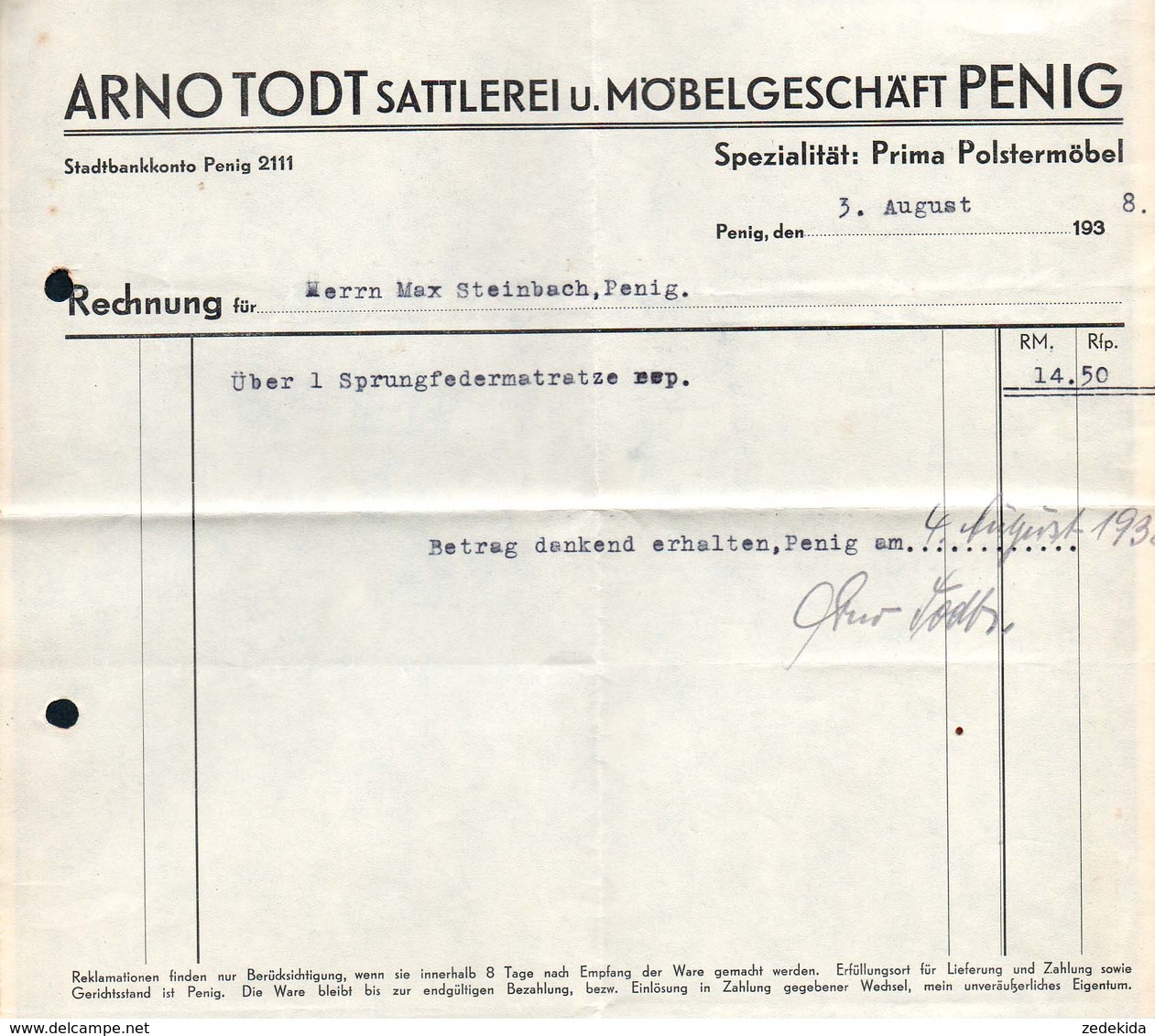 B4581 - Penig - Arno Todt - Sattlerei Möbel Polstermöbel - Rechnung 1938 - 1900 – 1949