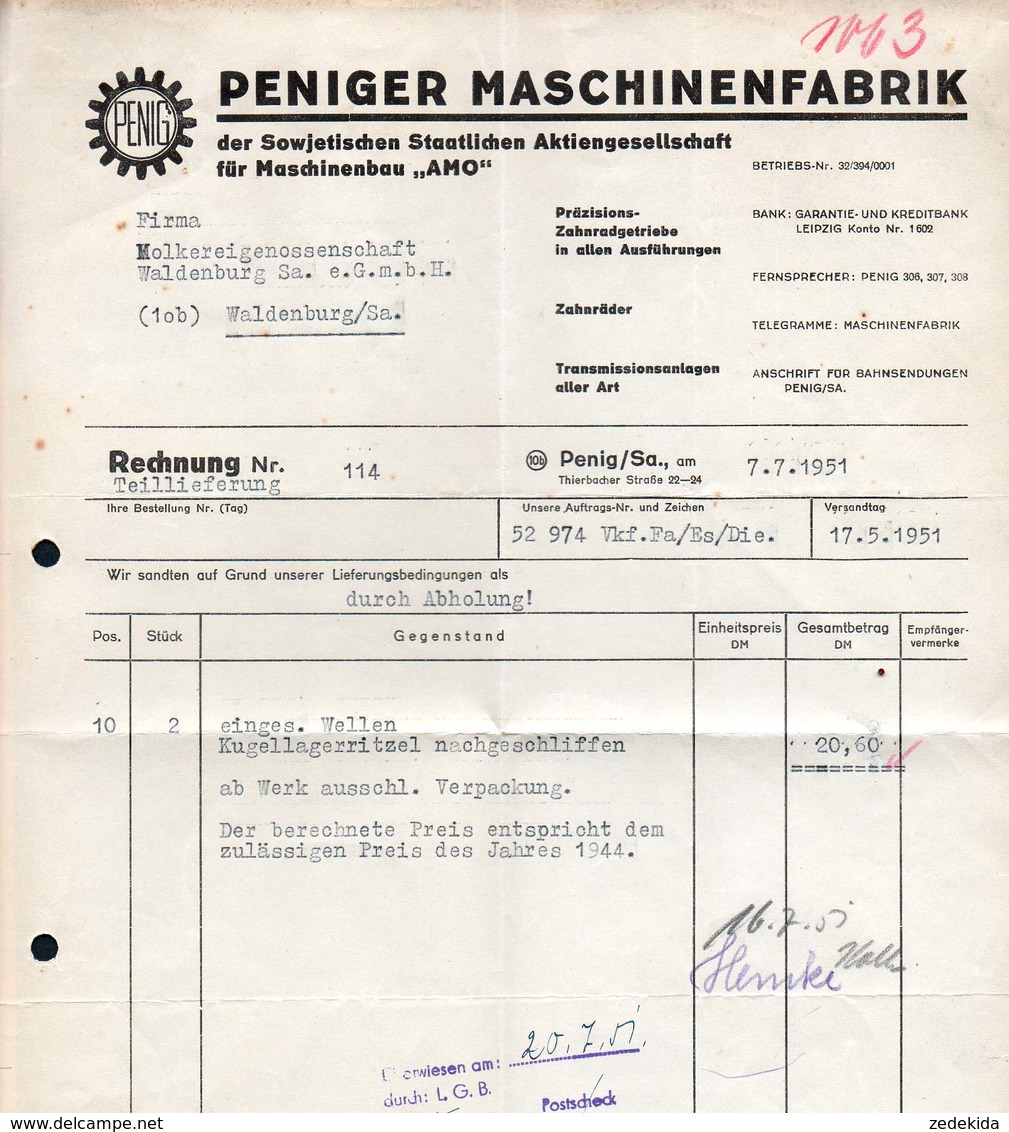 B4586 - Penig - Peniger Maschinenfabrik - Aktiengesellschaft AMO - Rechnung 1951 - 1950 - ...